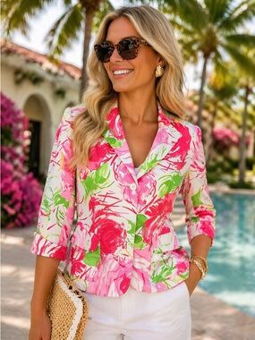 Sandra Petite Floral Blazer Jacket Pink Green Cotton Stretch Spring 8P Spring